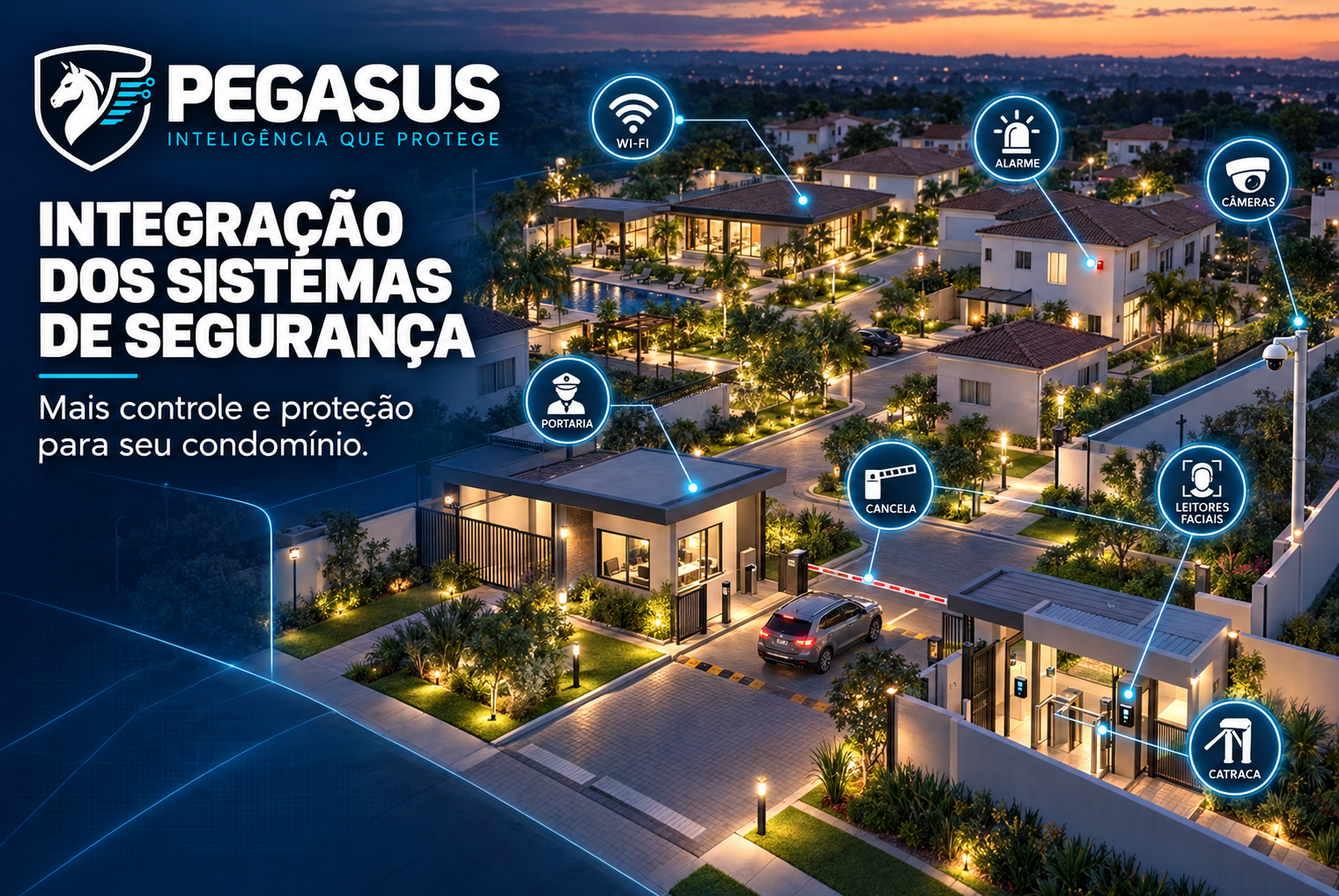 Câmeras, catraca e cancela integradas em um sistema de segurança eletrônica